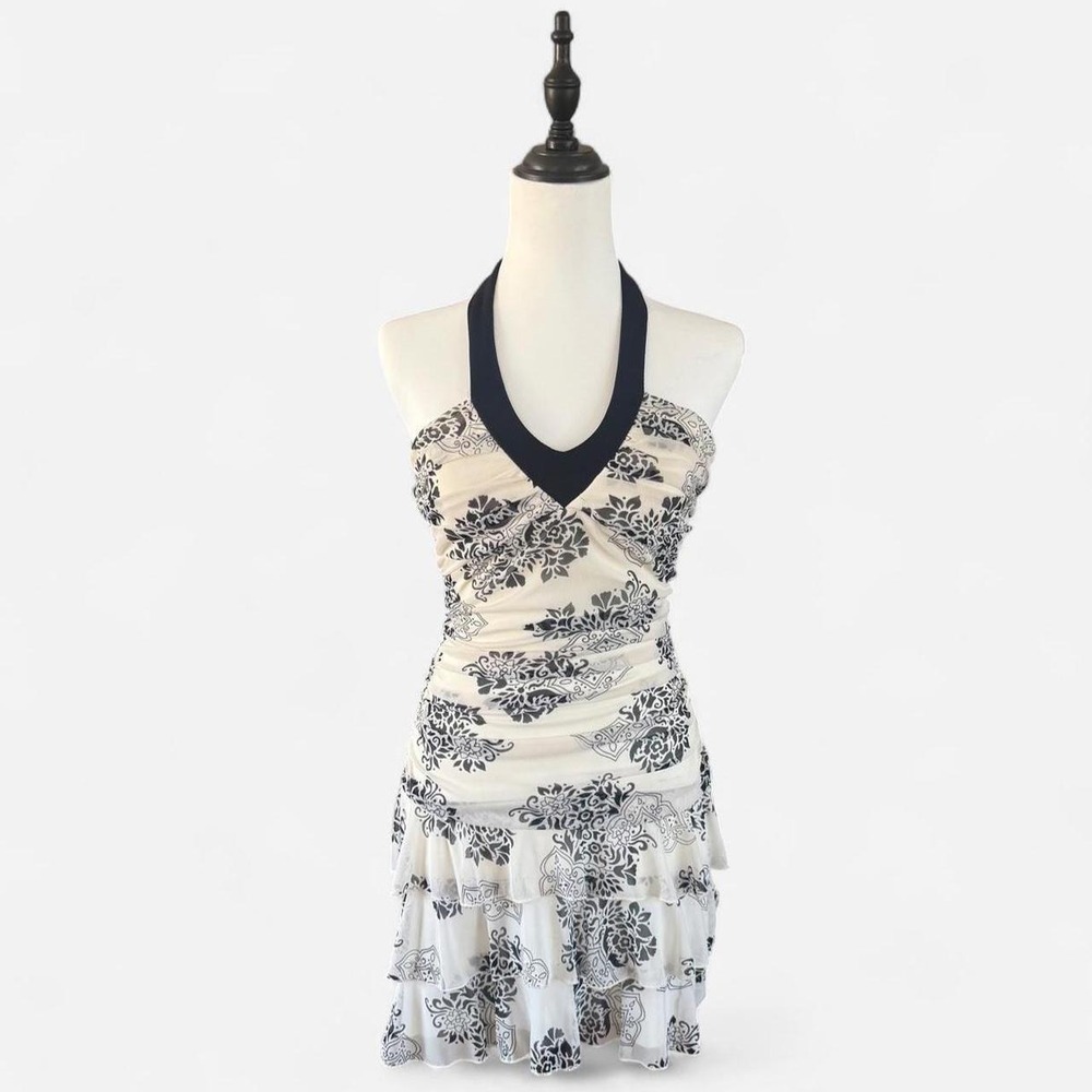 Trixxi Clothing Company Y2K Floral Damask Halter Ruffle Dress Black White Small